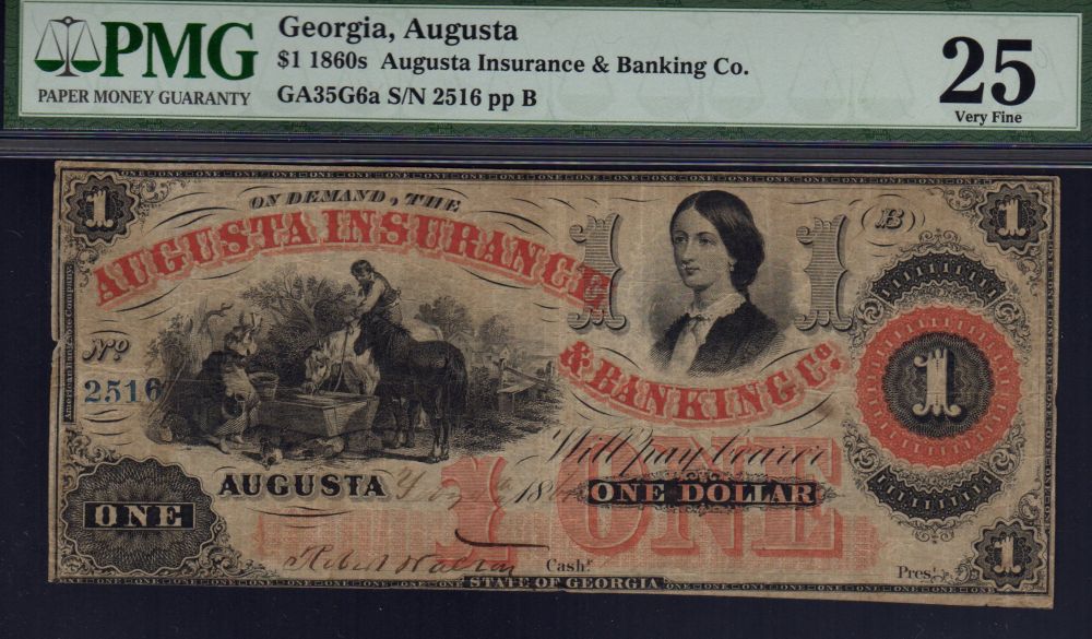 Augusta, GA 1861 $1 Augusta Insurance & Banking Co., 2516, VF, PMG-25